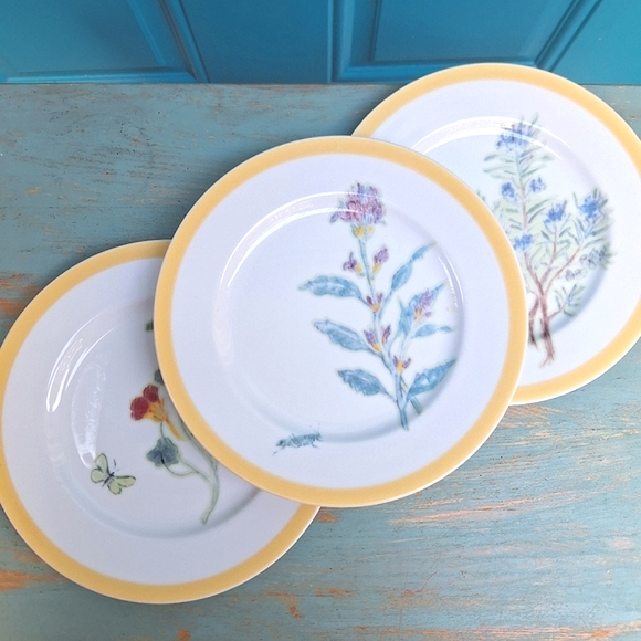 2 Salad Plates Flowering Herbs Williams Sonoma Butterfly Bumblebee Honey Bee Set - Picture 1 of 15